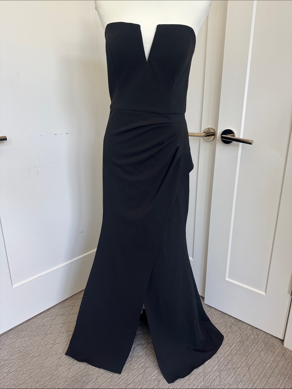 Xscape Strapless Black Column Gown with V-Notch